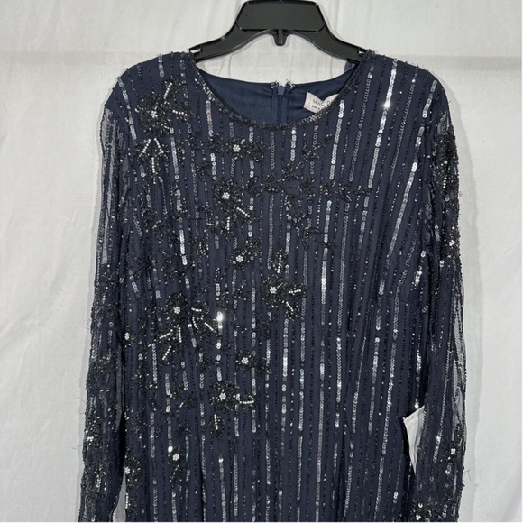 NWT $598 Mac Duggal [ 16 ] Embellished High Neck Long Sleeve Gown Blue‎ - Picture 9 of 15